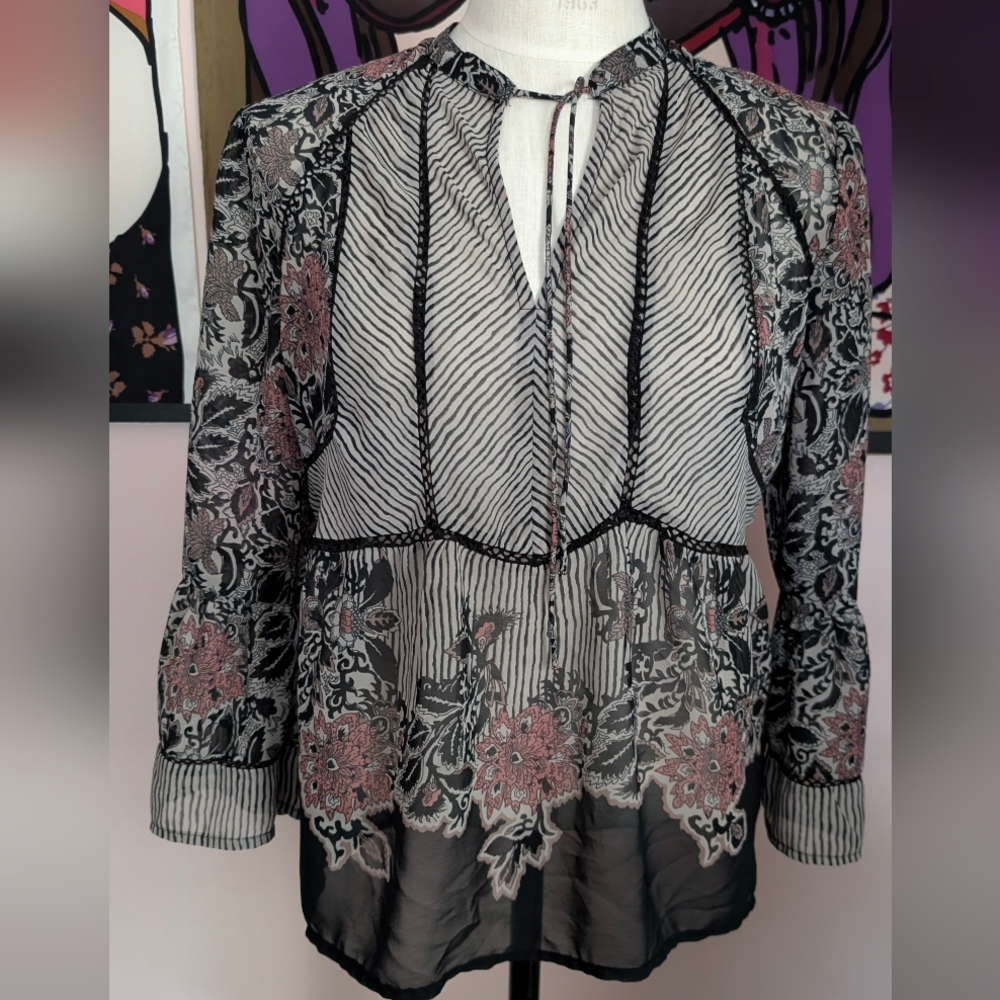 Lucky Brand Black and Pink Floral Blouse